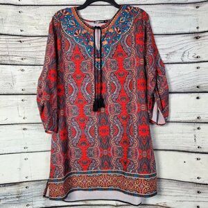 Urban CoCo XXL Boho Tunic Top Paisley Print Red Blue Tassel Neck 3/4 Sleeve Stre